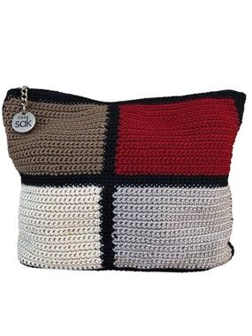 The Sak Hand Crochet Knit Color Block Red Black Tan Ivory Pouch Cosmetic Bag